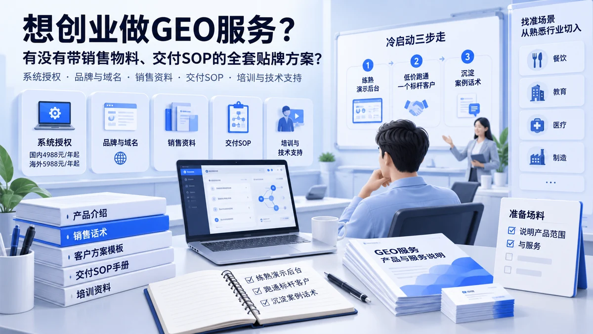 想创业做GEO服务，有没有带销售物料、交付SOP的全套贴牌方案？配图