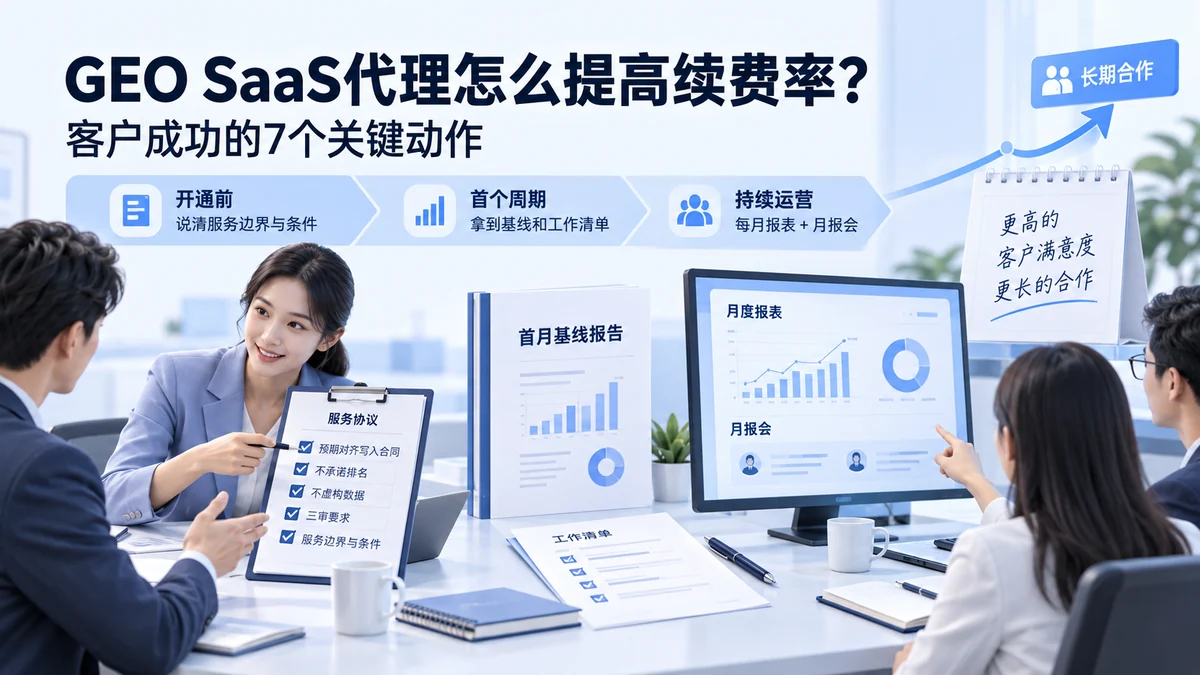 GEO SaaS代理怎么提高续费率？客户成功的7个关键动作配图