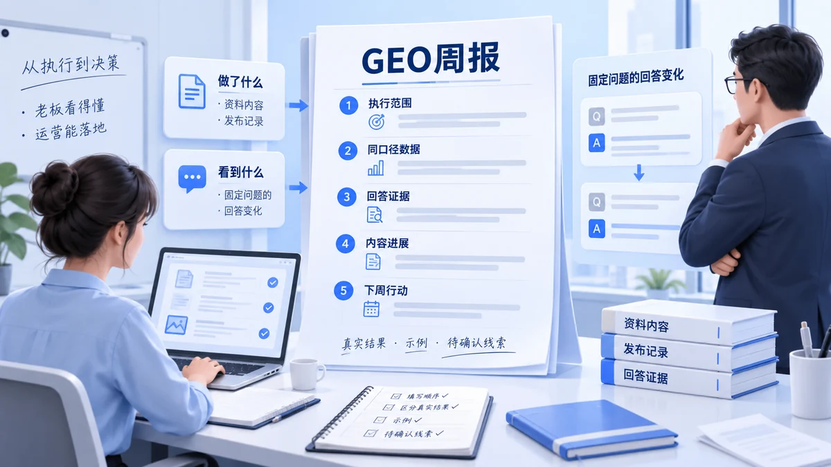 GEO周报怎么写才有用？老板看得懂、运营能落地的标准模板配图