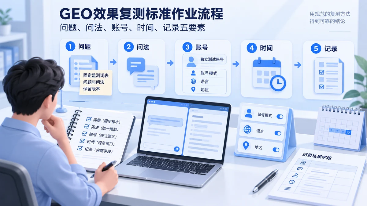 GEO效果复测标准作业流程：问题、问法、账号、时间、记录五要素配图
